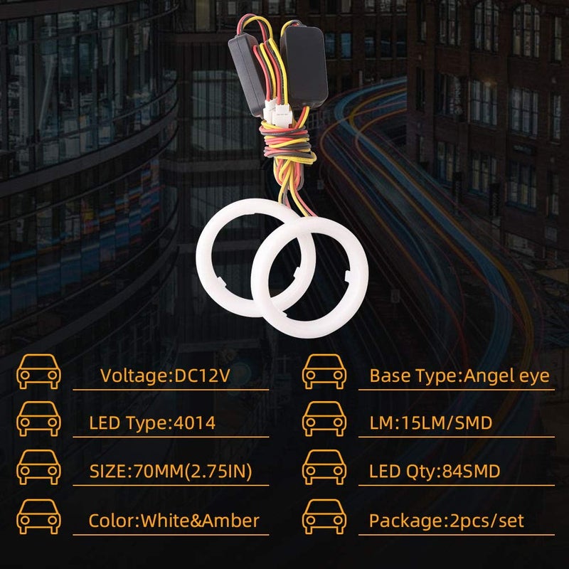 Qasim 1-Pair 70MM White+Amber Switchback 84SMD 4014 LED Car Angel Eyes Halo Ring DRL Fog Light Turn Signal Light Lamp 12V - Image 2